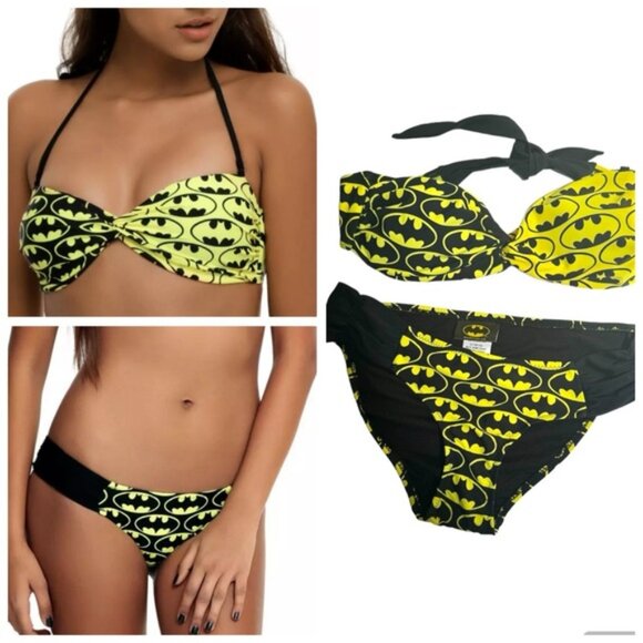 DC Comics NEW Batman Print Bikini SwimSuit Bandeau Top Bottoms Beach Stretch S M - Picture 1 of 16